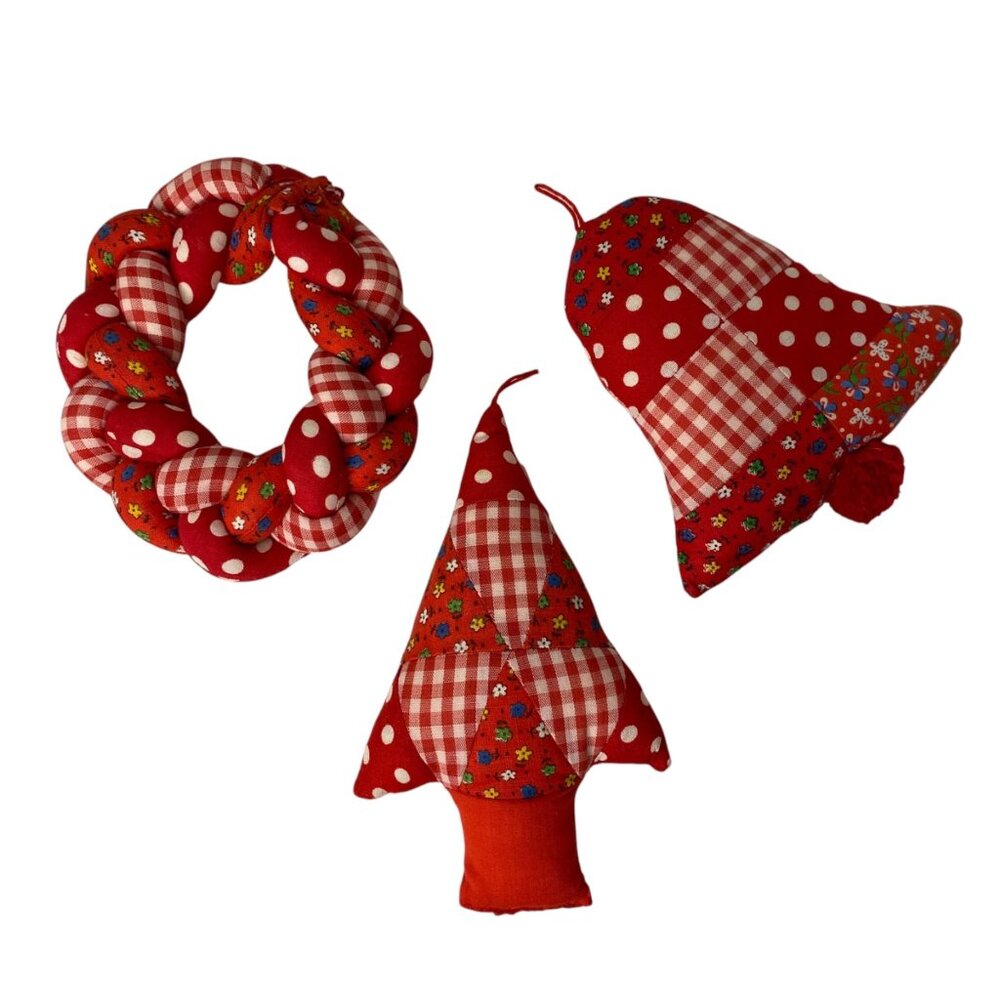 Handcrafted Red Patchwork Christmas Decoration Set Plush Tree Bell Wreath Rustic